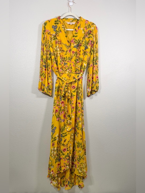 Rene Derhy Dresses & Skirts - Rene Derhy Dress Yellow Pink Floral Maxi Button Down Flowy Tie Belt Women L